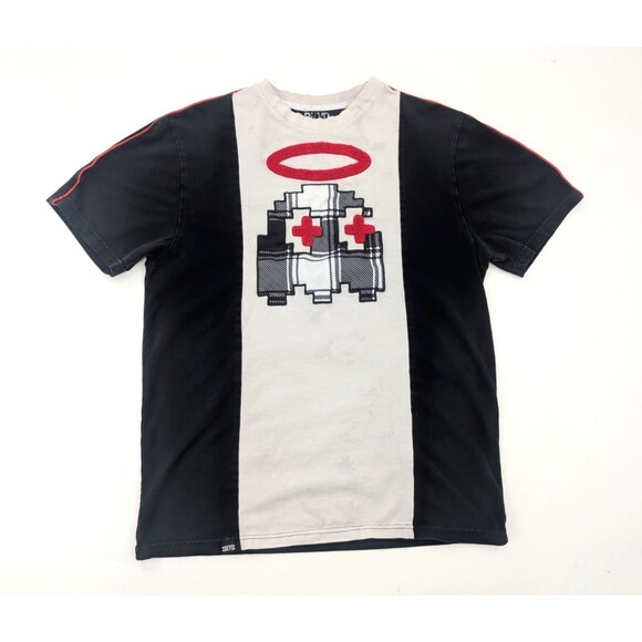 BKYS Distressed Pac-Man Ghost Invader Fuzzy Halo Short Sleeve T-Shirt Size Small - Picture 1 of 10